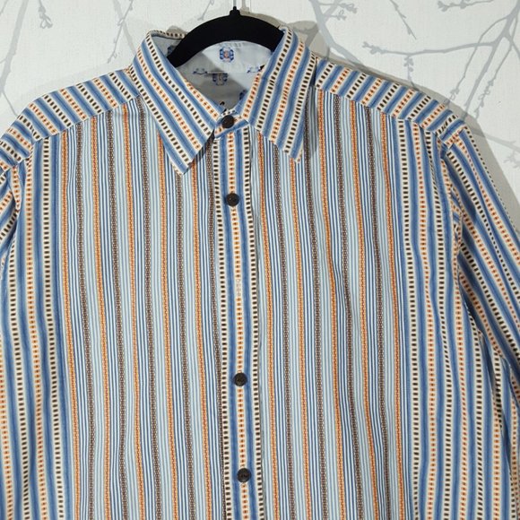 Robert Graham Blue & Orange Stripes Flip Cuff Dress Shirt - Picture 4 of 6